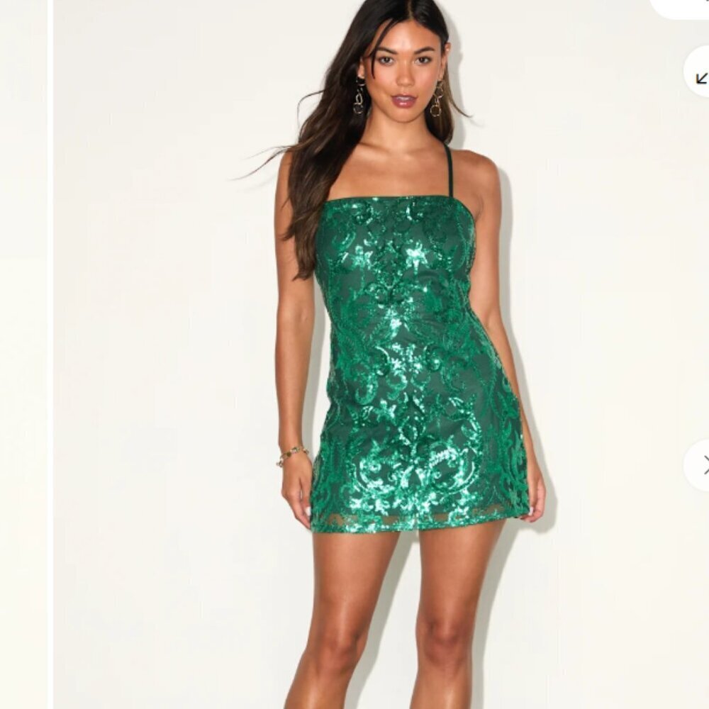 NWT LULU'S Divine Energy Emerald Sequin Lace Up A-Line Mini Dress Green Size XL